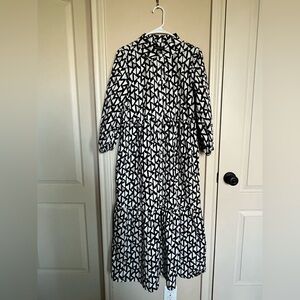 Rachel Zoe Black and White Long Sleeve Cotton Maxi Unlined Dress pockets M